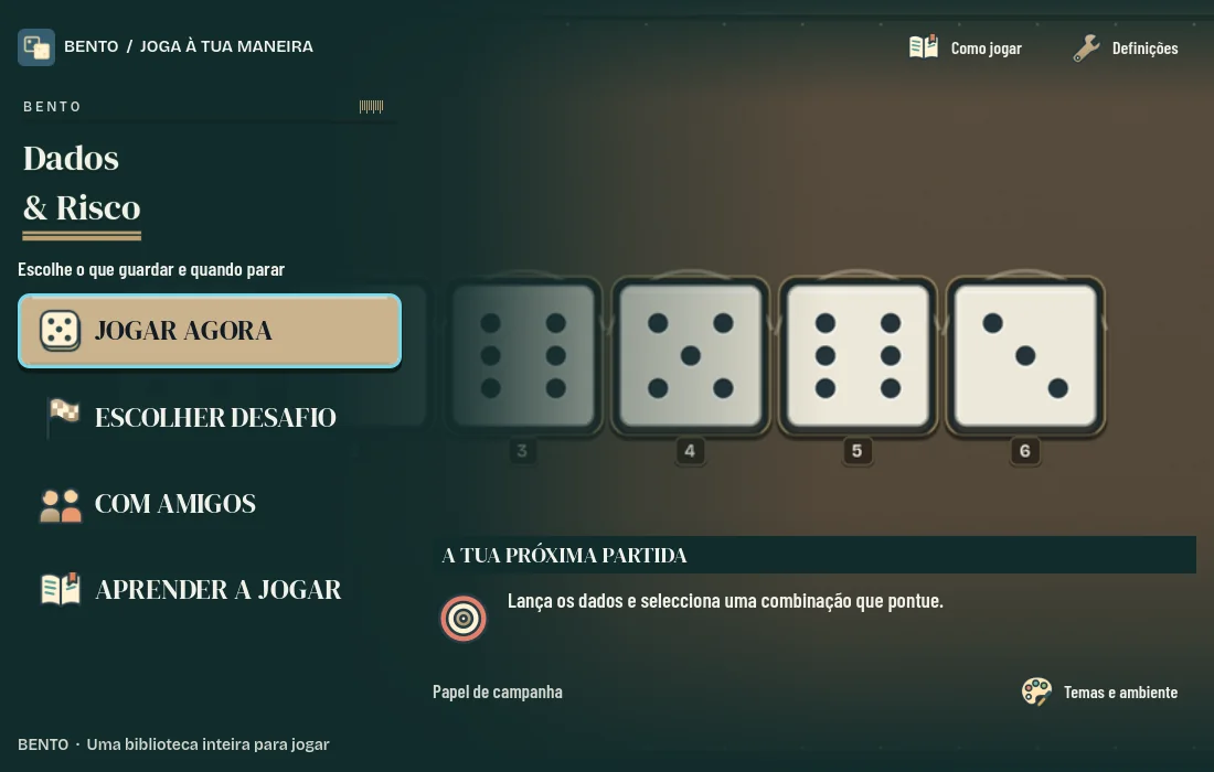 Ecrã inicial de Bento Dados & Risco